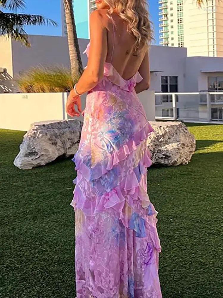 V-Neck Casual Dresses Ruffle Patchwork Loungewear Dress Women Summer Sleeveless Sexy Elegant Maxi Backless Beach Style L