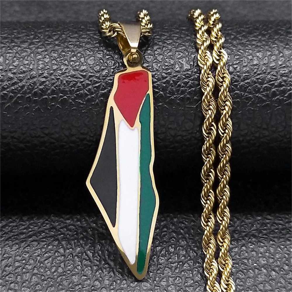 Palestine Map Flag Necklaces for Women Men Stainless Steel Gold Color Palestinian Ethnic Map Pendant Chain Necklace Jewelry GiftX241122