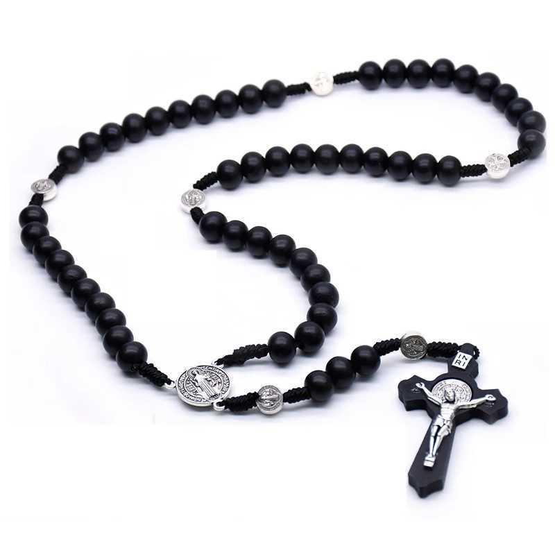 QIGO Religious Wooden Antique Black Cross Rosary Pendant Necklaces Jesus Saint Benedict Beaded Necklace for Men Women JewelryX241122