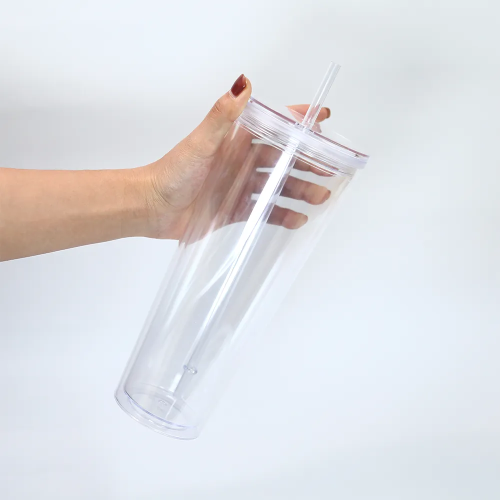 24oz double walled snow globe acrylic tumblers flat lid straw clear plastic drinking beverage cup with hole to fill glitter
