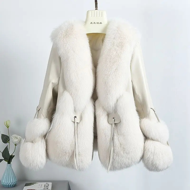 Real fox fur coat with down leather wholesale natural fox fur leather jacket womens winter model 241119