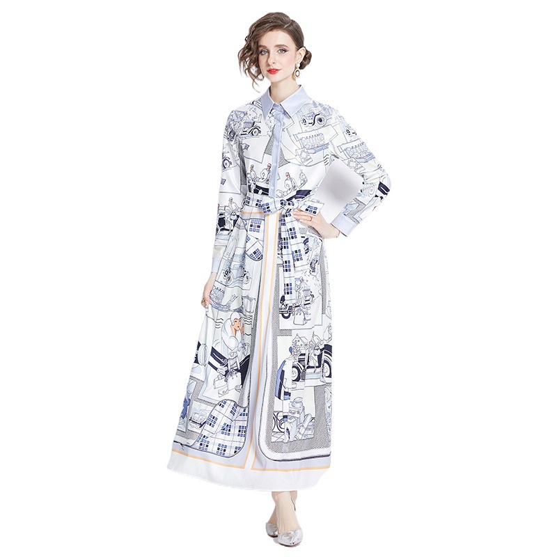 Shirt Collar Women Fashion Print Maxi Dress Button Long Sleeve Designer Elegant Ladies Casual Office Party Robes Frocks European Runway Clothing Femal