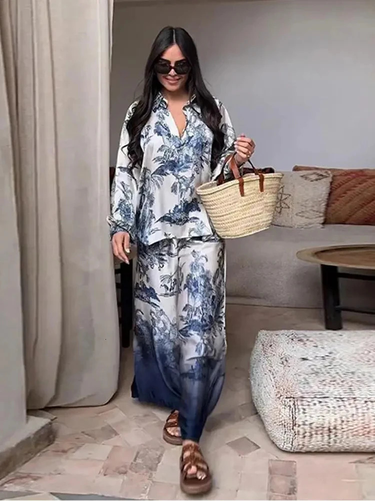 TRAF Ladies Casual Tree Printed Poplin Two Piece Set Elegant Lapel Long Sleeve Shirt High Waisted Loose Wide Leg Pants Set 241122