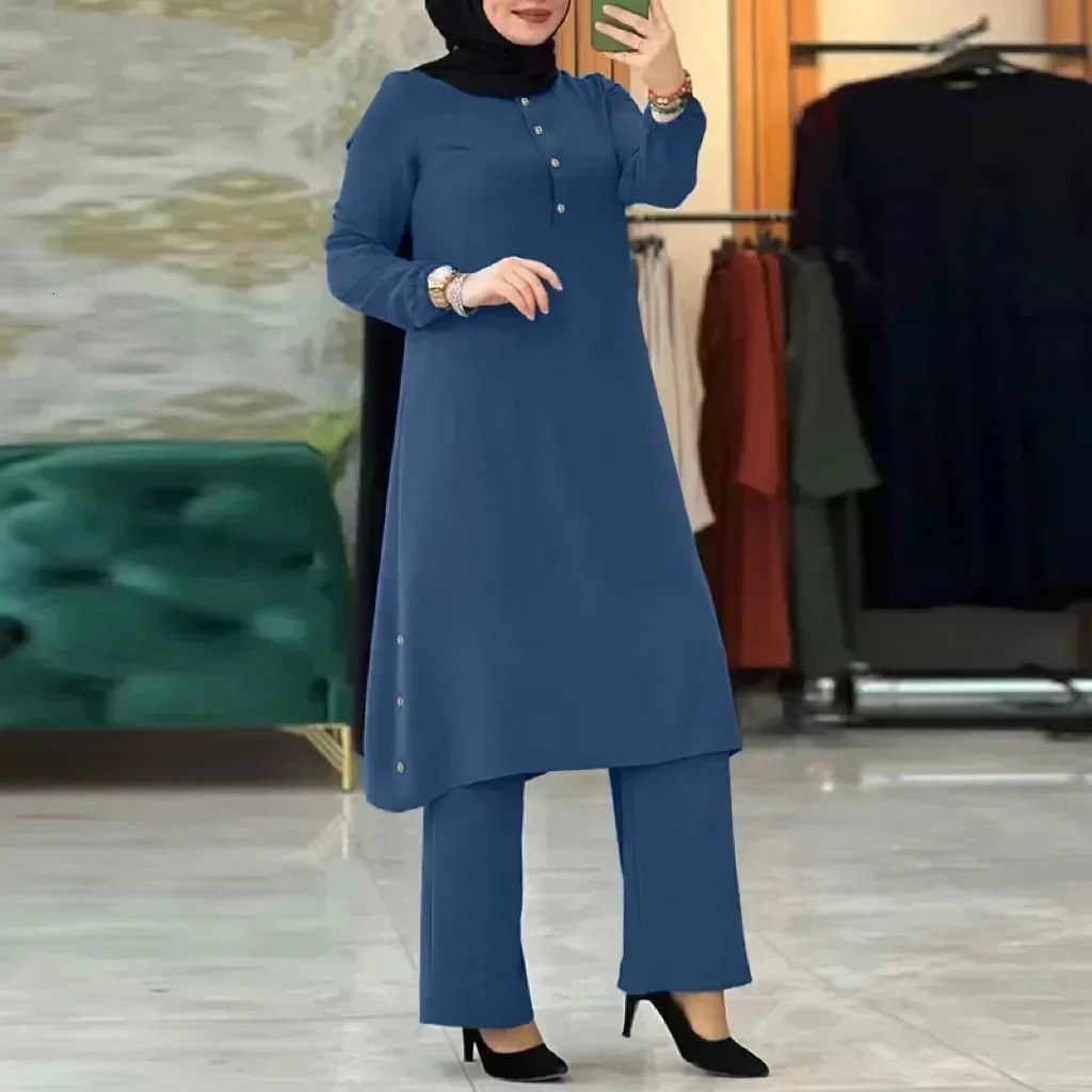 Muslim Abaya Suit Elegant Women Matching Sets Fashion Long Shirt Tops Wide Leg Pants Ramadan Outfits Urban Tracksuits 241122