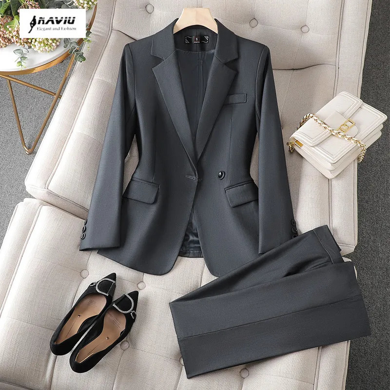 NAVIU Gray Suits Women Autumn Fashion Temerament Professional Long Sleeve Slim Blazer And Pants Sets Office Lady Work Wear 241120