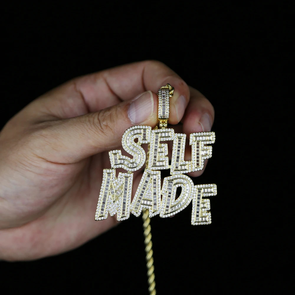 Hip Hop Iced Out Bling Full 5A Cz Paved Big Letter Self Made Charm Pendant Necklaces With Long Rope Chain Jewelry For Men 241122