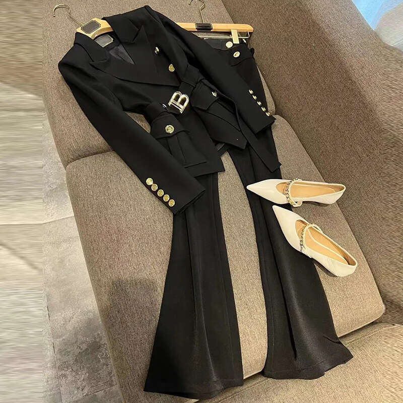 Elegant Autumn Winter Pants Office Lady Fashion Double Breasted Slim Blazers Flare Trousers Two Piece Set Women Outfit 2023