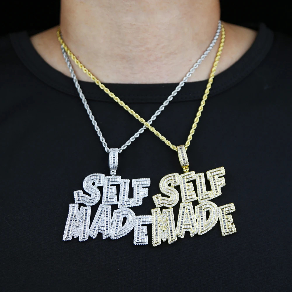 Hip Hop Iced Out Bling Full 5A Cz Paved Big Letter Self Made Charm Pendant Necklaces With Long Rope Chain Jewelry For Men 241122