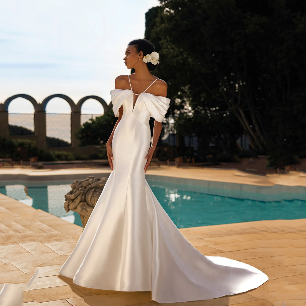 Civil White Off the Shoulder Wedding Dresses Bridal Gown Ruched Sleeve Satin vestidos de mariage Sweep Train Vestidos De Novia