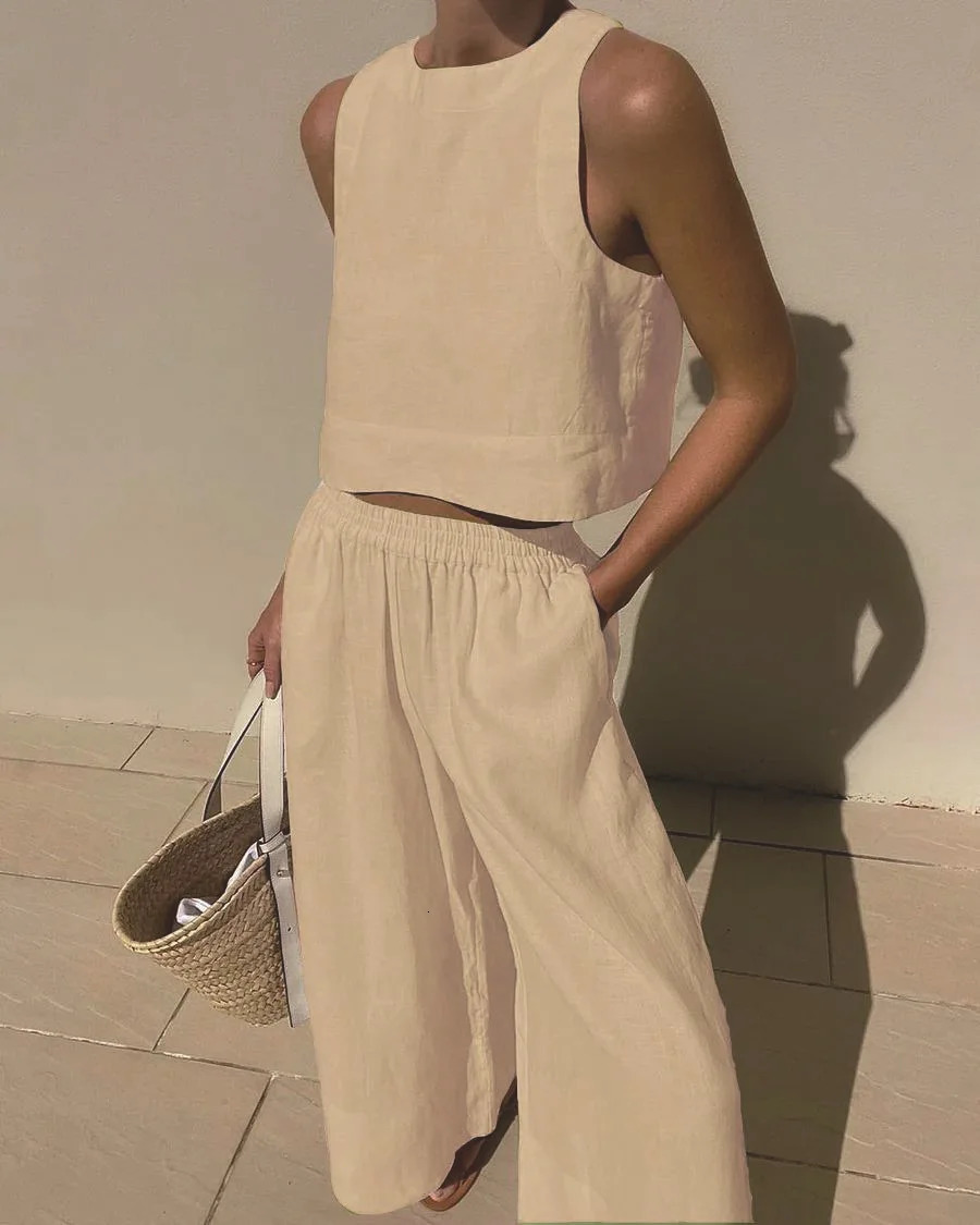 Women Spring Summer Fashion 2024 Holiday Linen Pant Set Crop Tops Solid Outfits Sleeveless 2 Two Piece Matching For 240407