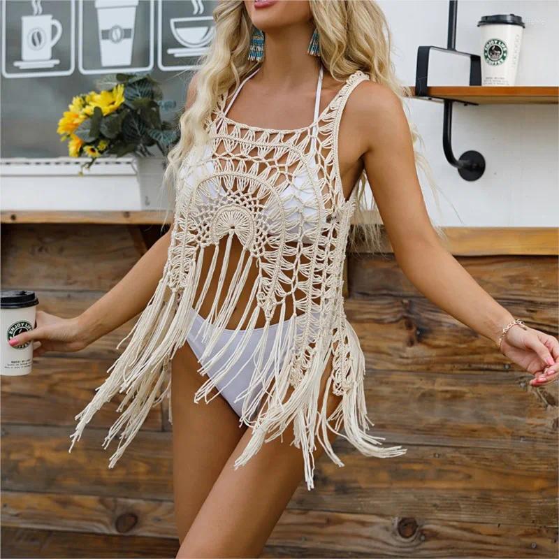 Beach Cover Up For Women Outlet 2024 Dress Ladies Flower Fringe Vest Hollowed Out Swimsuit Top Solid Acrylic Summer Swim Wear