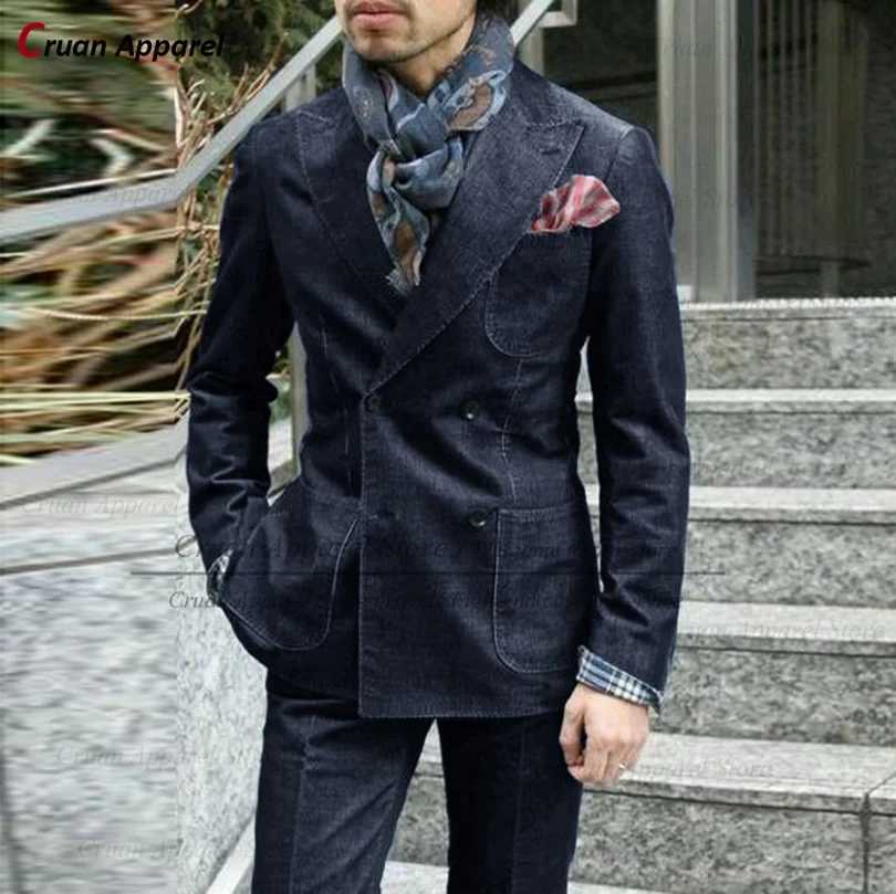 New mens denim suit decoration custom fashion business wedding dress set casual winter black suit jacket pants 2 pieces W241123