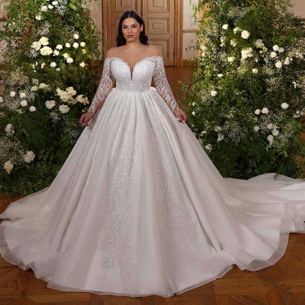 Charming Plus Size Lace Wedding Dresses Off The Shoulder Plunging Necke Bridal Gowns Beaded A e Long Sleeves Tulle Vestido De Novia