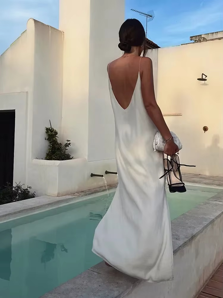 Basic Casual Dresses Sexy Backless Women Solid Satin Sing Maxi Dress Fashion V-neck Sleeveless Split Slim Dresses Summer Lady Casual Vacation Robes