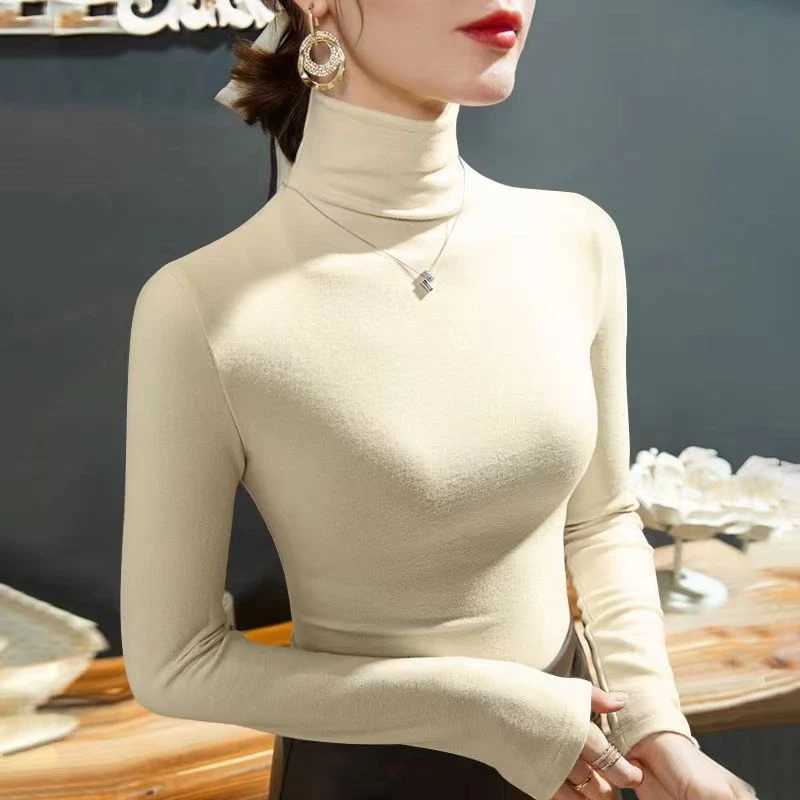 2023 Fashion Autumn Winter Fe Turtleneck Fce Stretch Shirt Women Long Sve T-shirt Warm Basic Pullover Bottoming TopsX241122