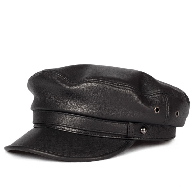 100% Leather hat Men Women Unisex Students Navy Caps Homme Locomotive Duck Tongue Flat Top Gorras sboy Korean Fashion Chapeu 241122