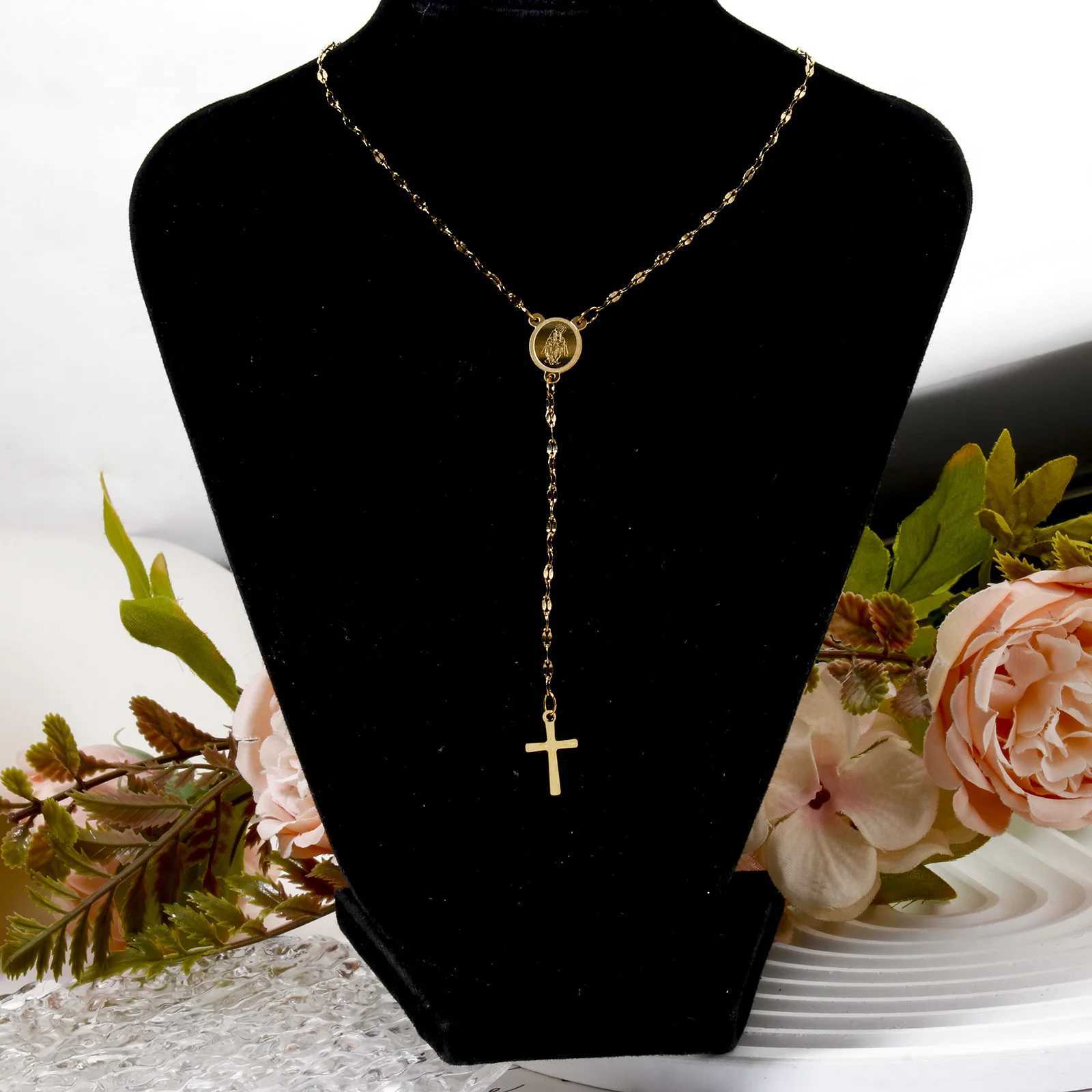 1 Piece 18K Gold Plated Cross Virgin Mary Necklace 304 Stainl Steel Lips Chain Prayer Beads Rosary Necklace Fashion JewelryX241123