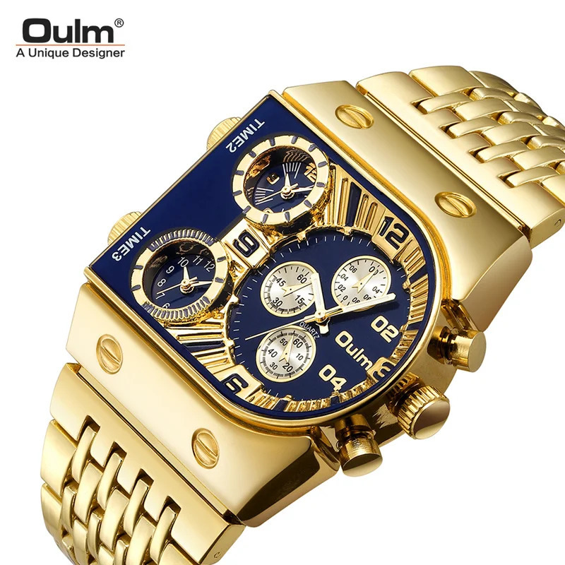 Oulm 9315 Golden Watch Quartz Male Military Wristwatch 3 Time Zone Big Dial Full Steel Men Watches Relogio Masculino 241122