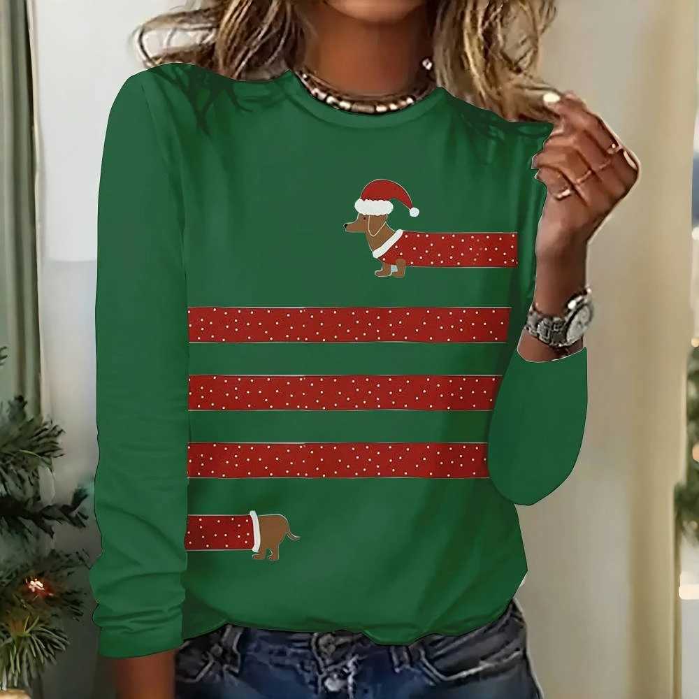 2024 New Womens Simple Striped T-Shirt Funny Christmas Dachshund Printed Long Sve T-Shirt Designer ClothingX241122