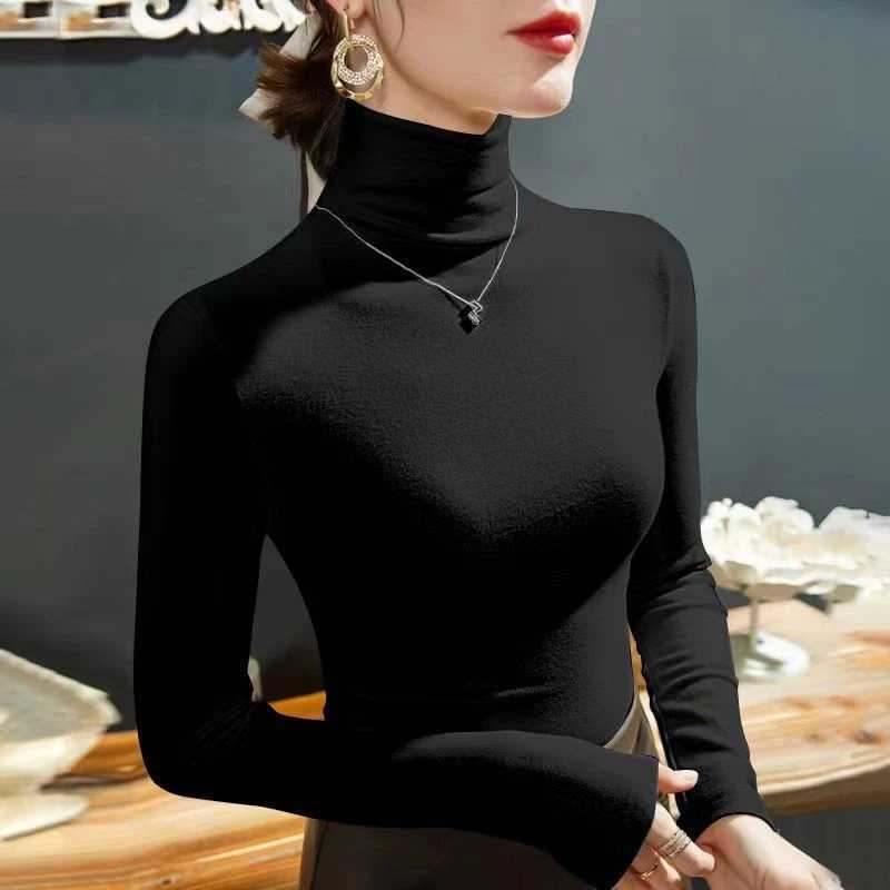 2023 Fashion Autumn Winter Fe Turtleneck Fce Stretch Shirt Women Long Sve T-shirt Warm Basic Pullover Bottoming TopsX241122