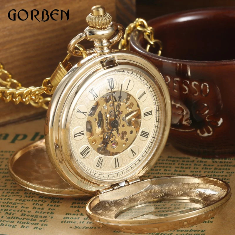 Gold Steampunk Pocket FOB Watch Chain Carving Double sided Open Case Handwind Mechanical Pocket Watch Relogio De Bolso 241122