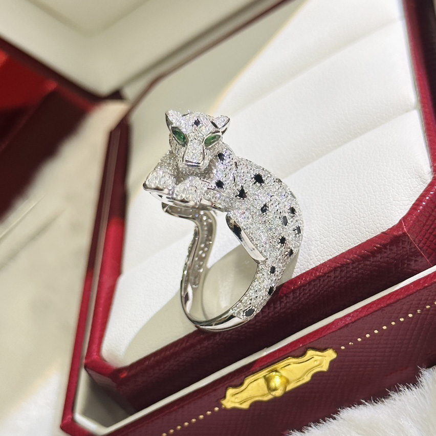 Anello Di Ghepardo In Argento Sterling In Argento Panthere Intarsiato Con Crist…