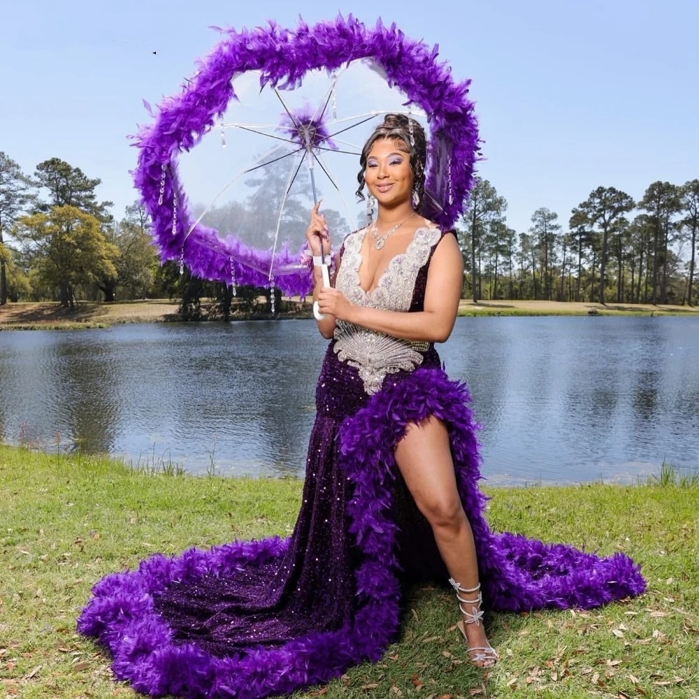 2024 Purple Fearthers High Split Diamonds Mermaid Prom Dress For Black Girls Sequins Crystal Beading Party Gala Gowns 0431