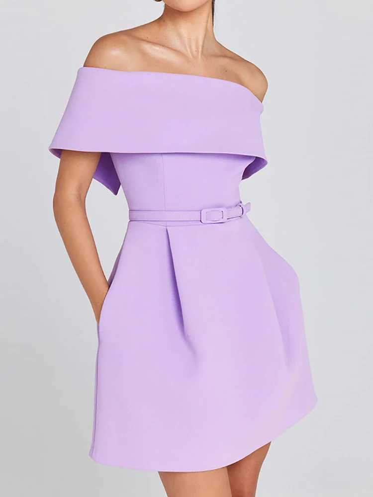 Wen Simple Pahwork Off The Shoder Party Dress Spring/Summer Short Sve Mini Dress Slash Neck Solid Womens Dress M241123