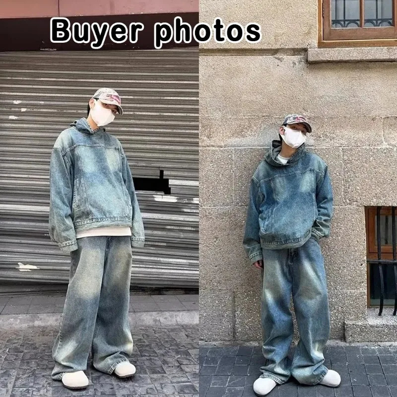 Mens Denim Set Loose Vintage Cowboy Hooded Pullover wide-leg Jeans Male 2-piece Set Japanese Street Autumn Solid Color Suits 240415