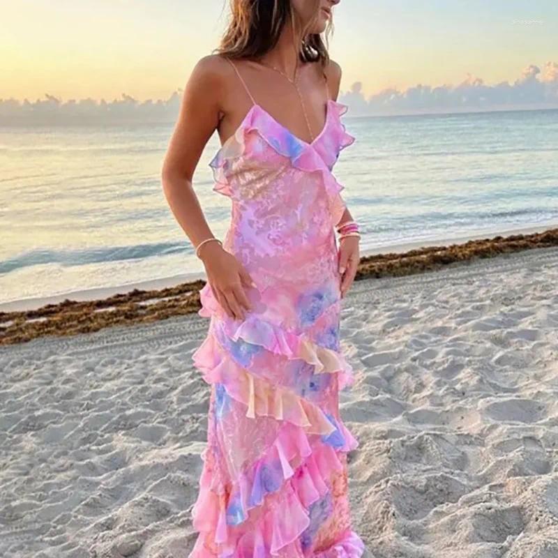V-Neck Casual Dresses Ruffle Patchwork Loungewear Dress Women Summer Sleeveless Sexy Elegant Maxi Backless Beach Style L