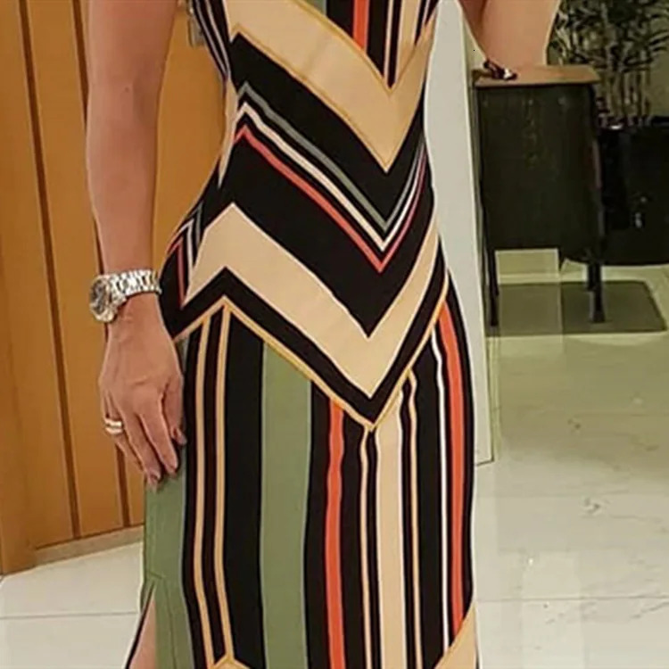 Colorful Striped Print Side Slit Maxi Dres Colorblock Sleeveless Slim Long Dresses 240419