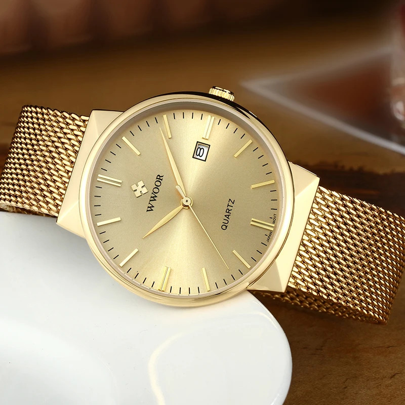 Fashion Wwoor Top Men Simple Slim Watches Gold Steel Mesh Ultra Thin Waterproof Date Wrist Watch Golden Clock 241122