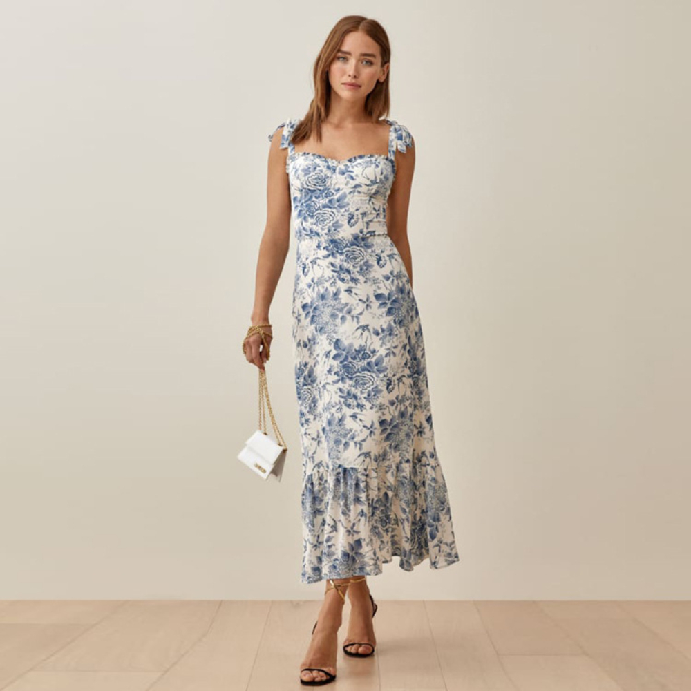 0C605M31 Casual Dresses Basic SarAh Printing Summer Women's Suspender Mid Length Dress Real Silk