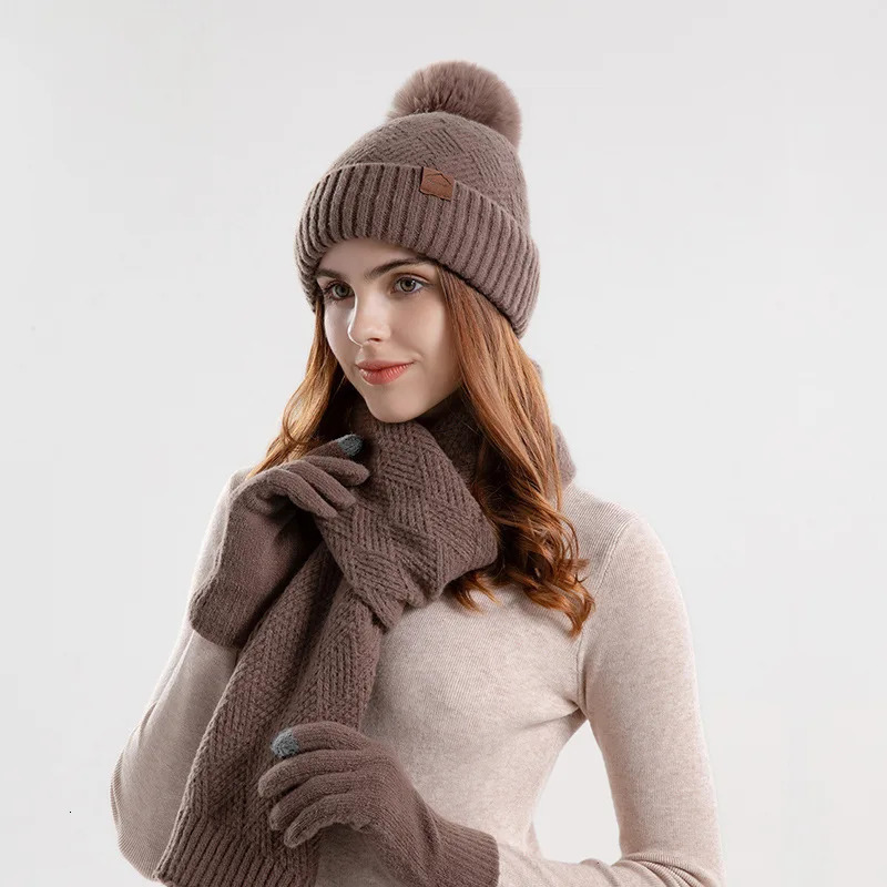 Winter fashion knitted lady wool hat warm hat scarf gloves three-piece set ear protection cap woman 241122