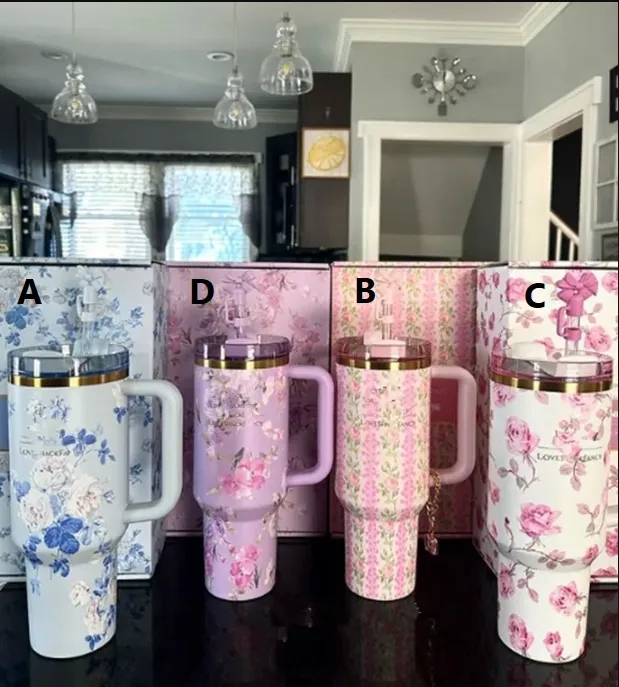 US Stock Christmas Flowers Rose Blue pink -H2.0 40oz Tumbler Magnolia Cup Holiday Gift Tumbler with Bow Straw Stopper, Cap and Straw Target Water Bott