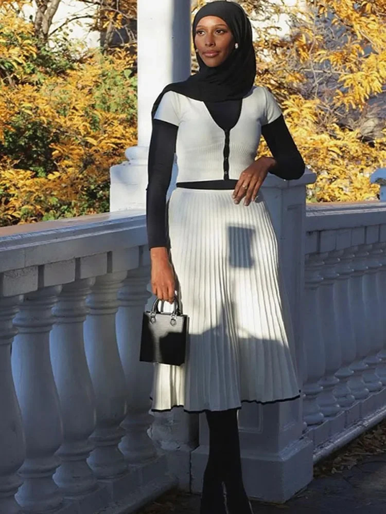 Knit Patchwork 2 Pieces Sets Women Crop Top Long A-line Skirts Outfits Matching Sets Knitwear Slim Fit Pleated Skirt Knitwear 240419