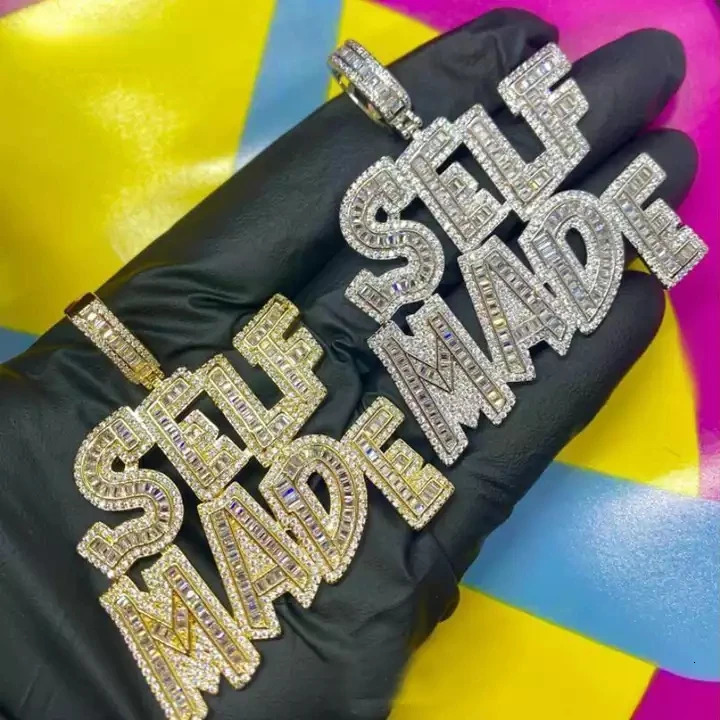 Hip Hop Iced Out Bling Full 5A Cz Paved Big Letter Self Made Charm Pendant Necklaces With Long Rope Chain Jewelry For Men 241122