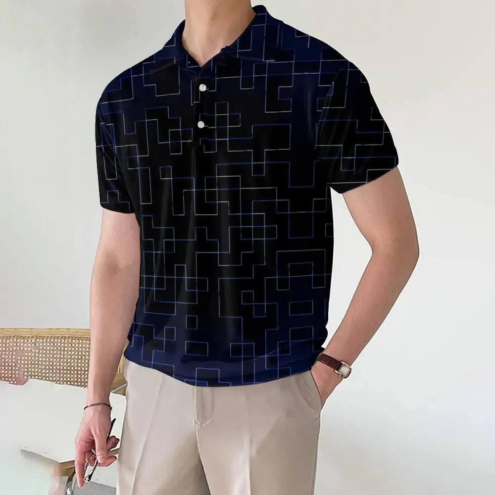 Mens Polo Shirts Fashion Short Sleeve Tops 3d Printed Plaid Man Casual Loose Blous 240420