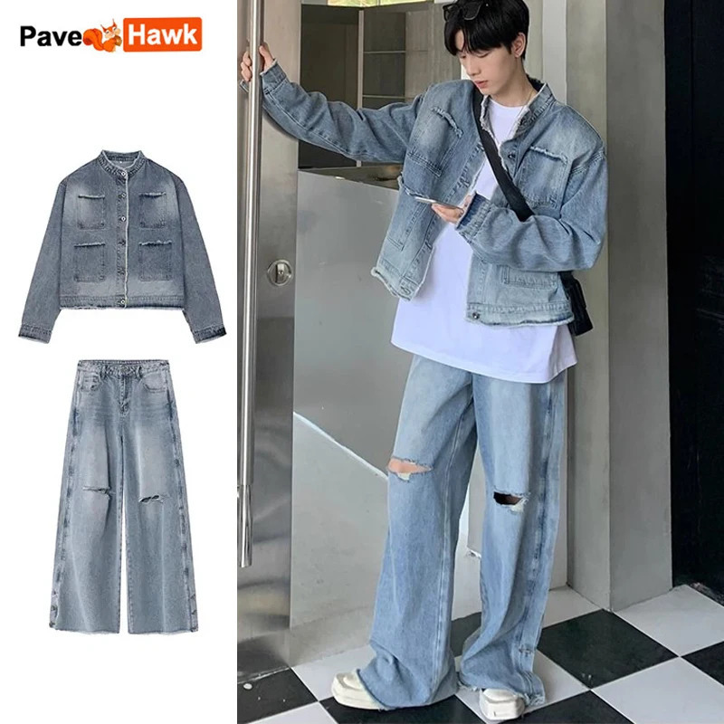 Autumn Denim Set Men Denim Jacket Wide Leg Straight Jeans Casual Loose Solid Color Korean Style Street Stand Collar 2pcs Suit 240412