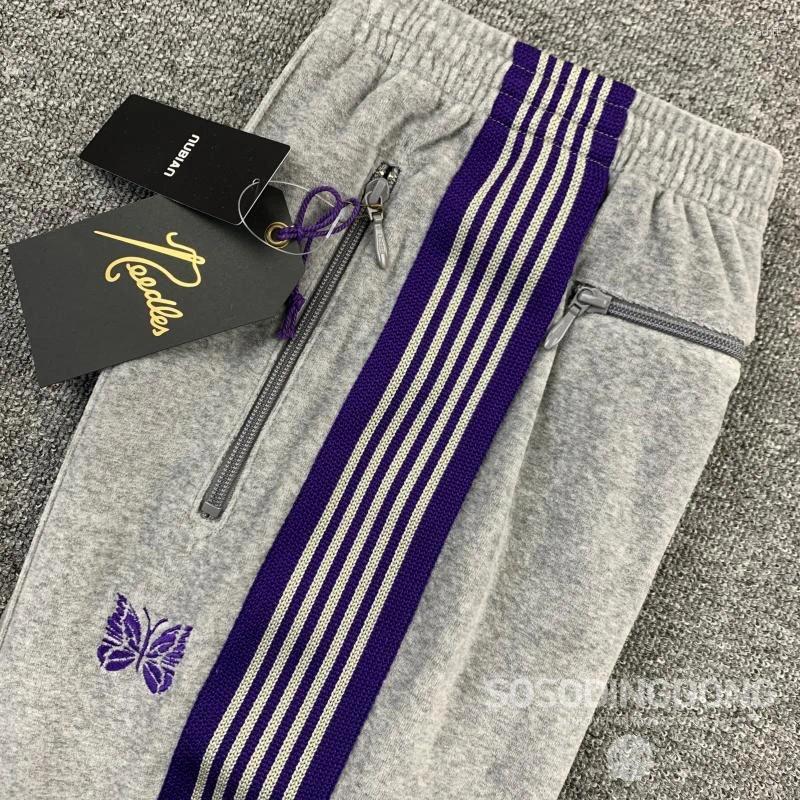 Men's Pants Men Women 1:1 Clothing Purple Striped Webbing Grey Embroidery Butterfly Track AWGE Trousers Needles Elastic Waist
