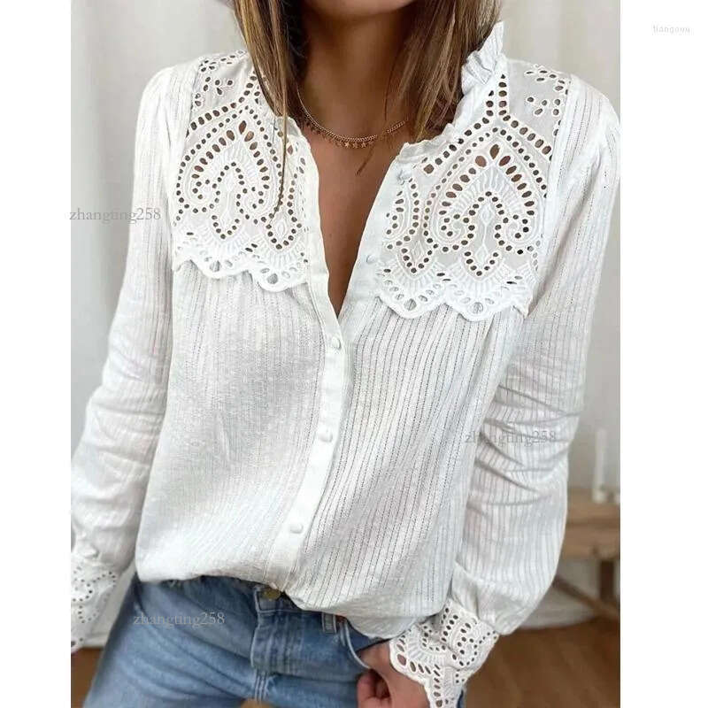 Women's Blouses Fashion Hollow Out White Lace Shirt Woman Long Sleeve Stand Collar Casual Blouse Elegant Single Breasted Tops Blusas 29363