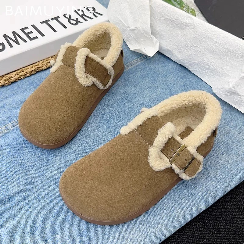 Fur Suede Women Flats Snow Boots Short Plush Casual Buckle Cotton Shoes Trend Walking Warm Cozy Winter Botas De Mujer 241122