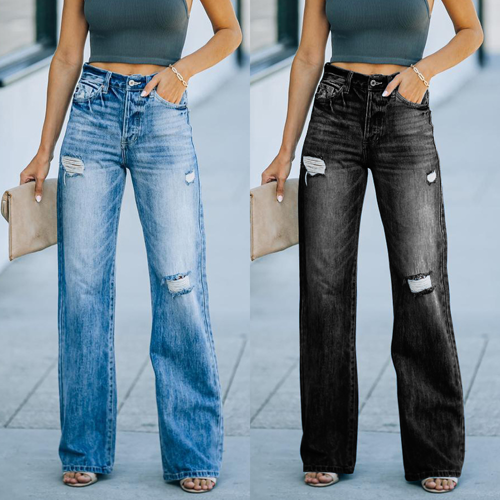 Designer women's fashion washed, ripped holes, slimming, wide leg jeans, denim pants