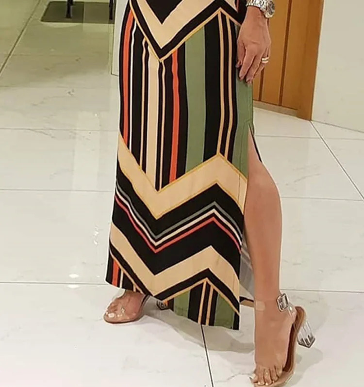 Colorful Striped Print Side Slit Maxi Dres Colorblock Sleeveless Slim Long Dresses 240419