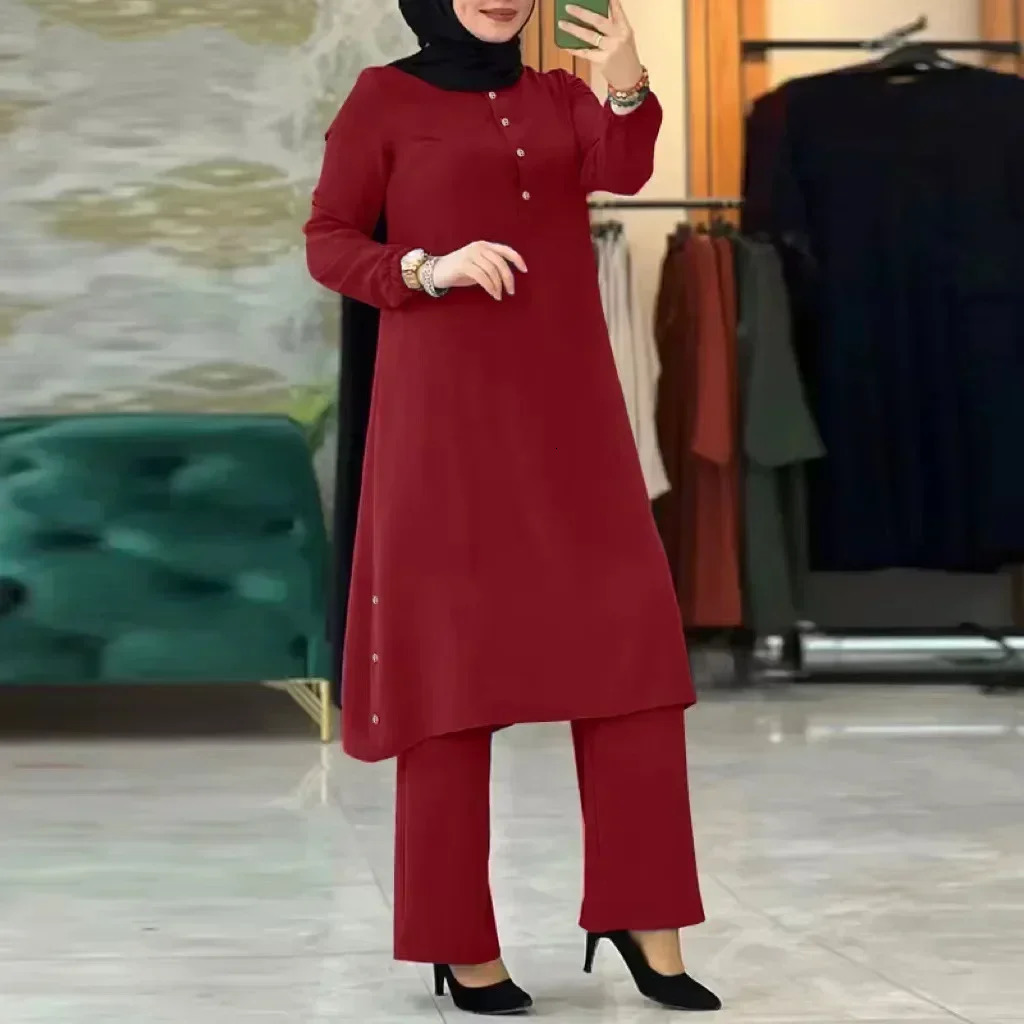 Muslim Abaya Suit Elegant Women Matching Sets Fashion Long Shirt Tops Wide Leg Pants Ramadan Outfits Urban Tracksuits 241122