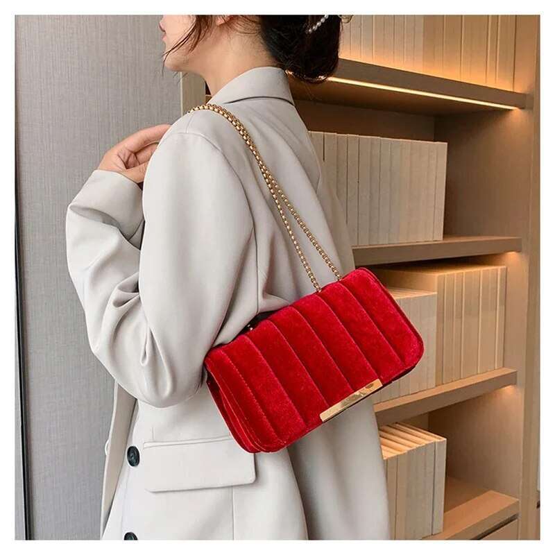 Gold Veet Fabric Small Square With Single Shoulder Chain Crossbody Bag Embroidered Thread Women's