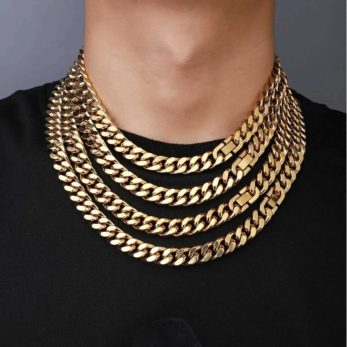 Hip Hop 18K Real Gold Plated Steel 11mm Cuban Figaro sided polished Link Necklace For Men JewelryGiftsX241123