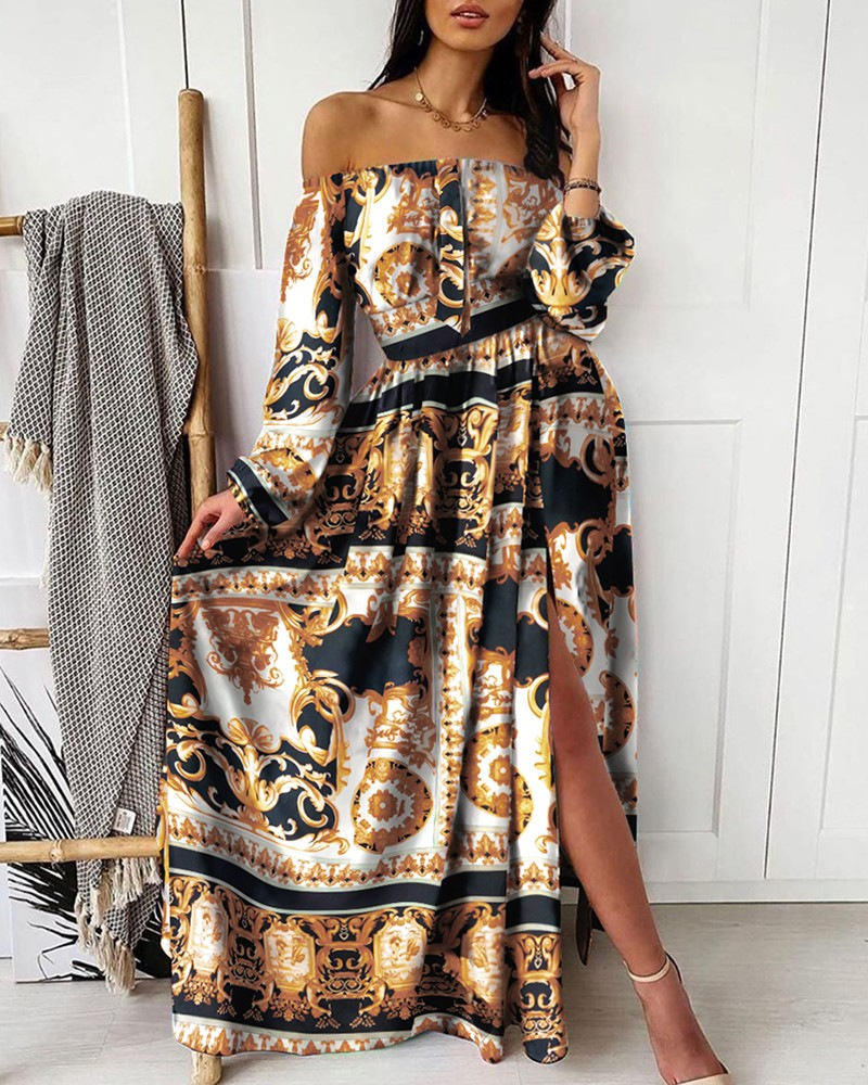 dresses for women Summer evening dress printed dress one-shoulder pullover retro long-sleeved wide slit long evening dresses elegant