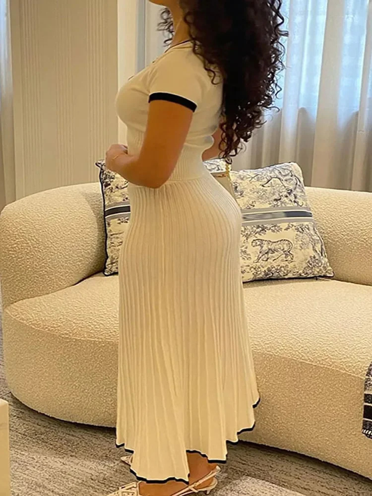 Knit Patchwork 2 Pieces Sets Women Crop Top Long A-line Skirts Outfits Matching Sets Knitwear Slim Fit Pleated Skirt Knitwear 240419