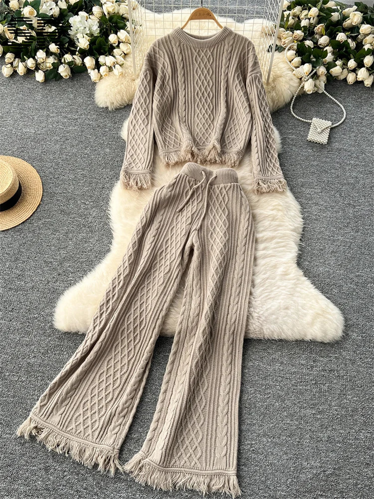 SINGREINY Vintage Tassel Knitting Two Pieces Suits Women O Neck Loose SweaterDrawstring Long Pants French Style 2pcs Sets 241121